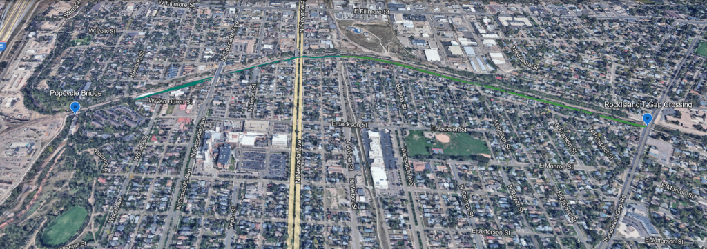 google earth image of the new section of the Rock Island trail connecting the Pikes Peak greenway to shooks run trail and the Rock Island trail to the east